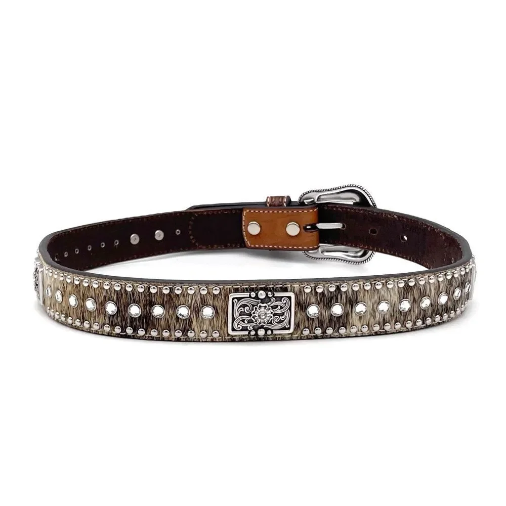 Nocona Brown Tooled Leather Belt Hair-On Cowhide Rhinestone Boho Western Size 28